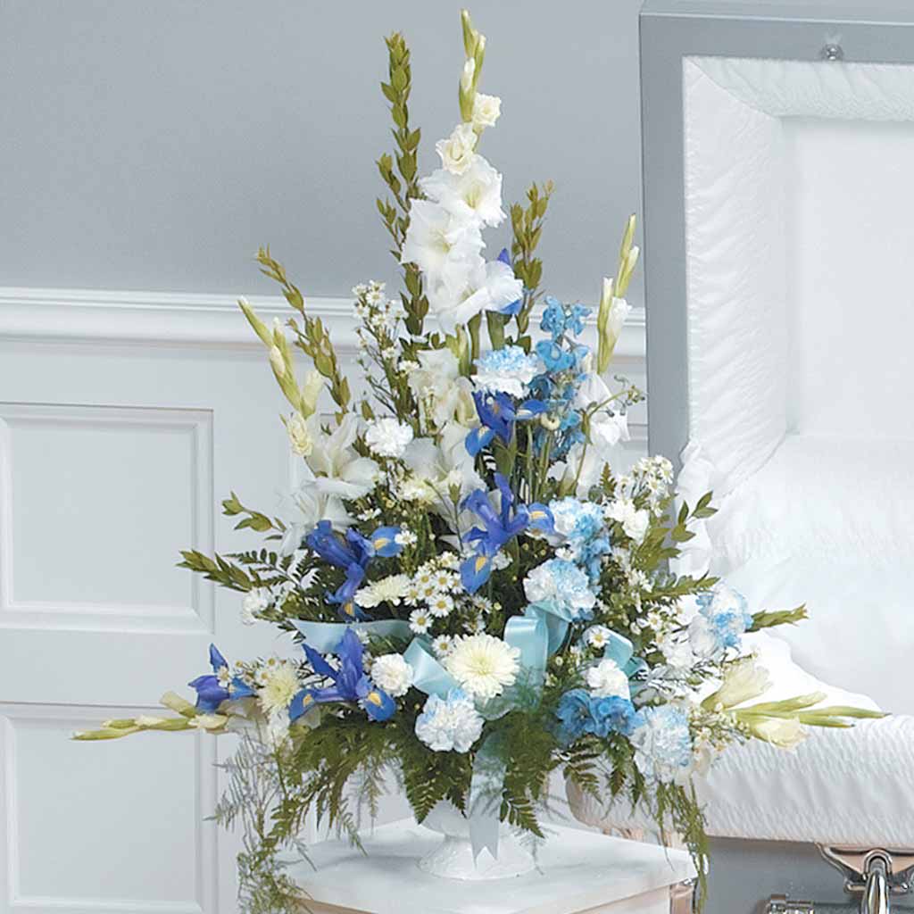 Blue And White Funeral Arrangement Flowers Disney Flowers Karins