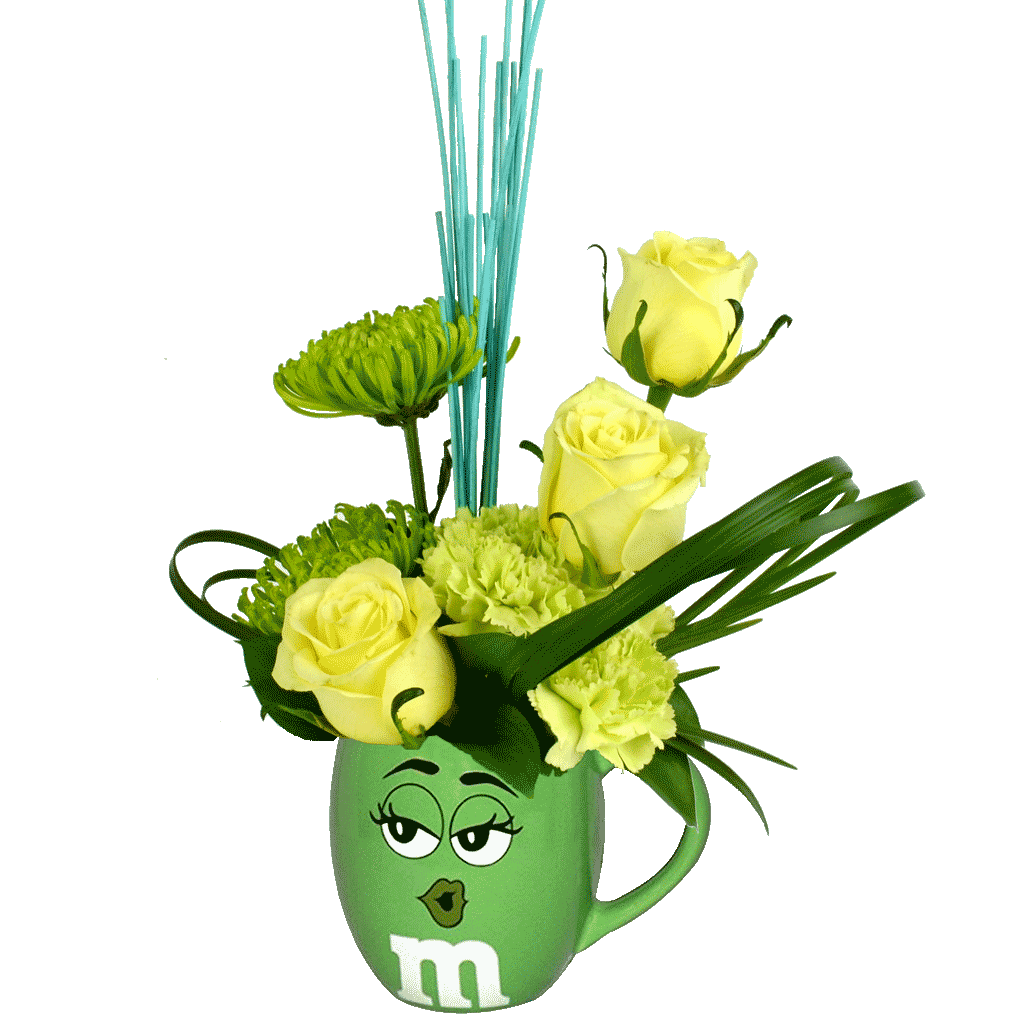 Green Mandm Character Flower Mug Designed By Karins Florist